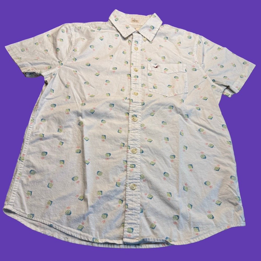 Hollister Button Down Shirt Medium White Pineapple Print Stretch Short Sleeve